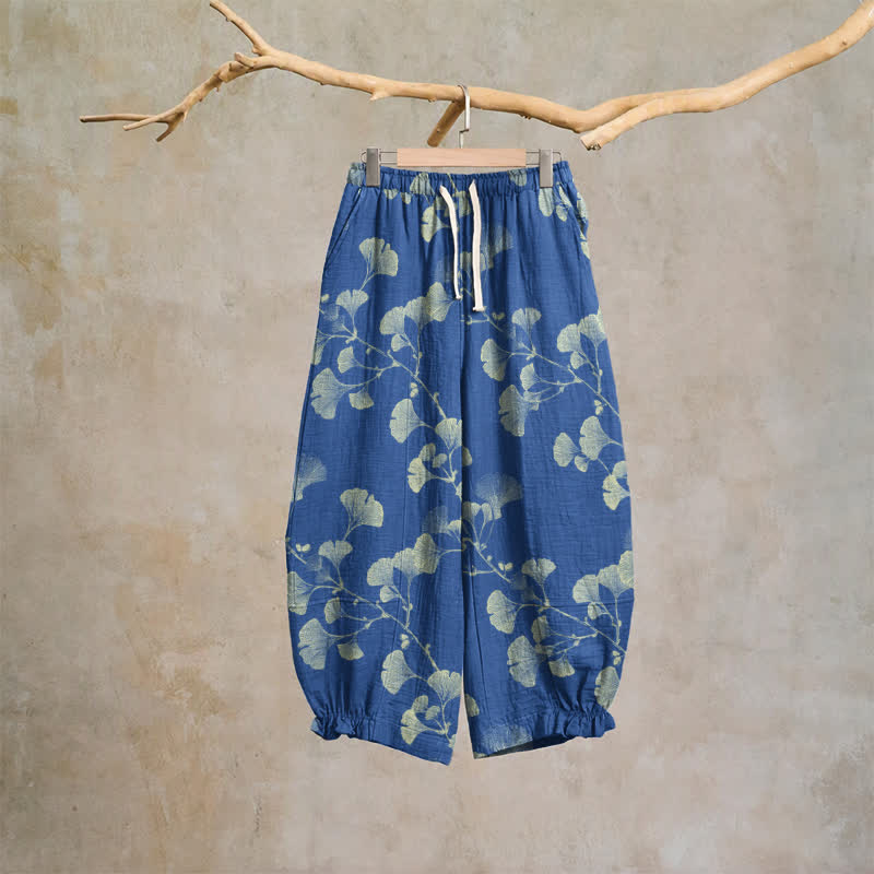 Pantaloni harem in cotone con tasche e ramo di ginkgo - Blu - XL - image 6