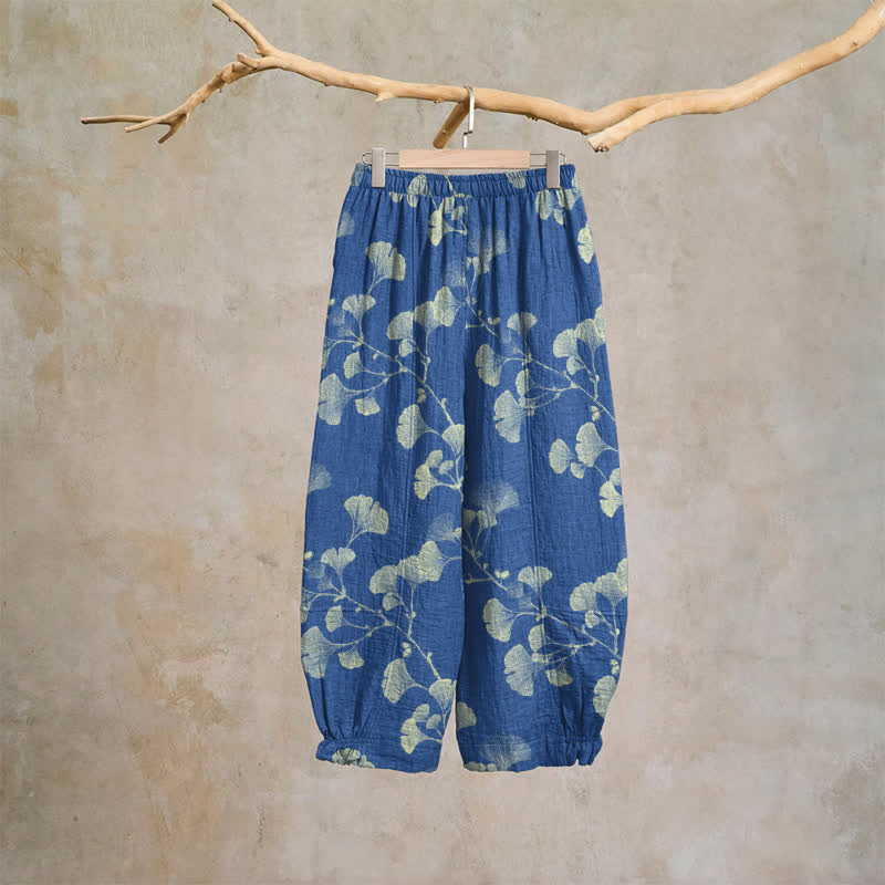 Pantaloni harem in cotone con tasche e ramo di ginkgo - image 7