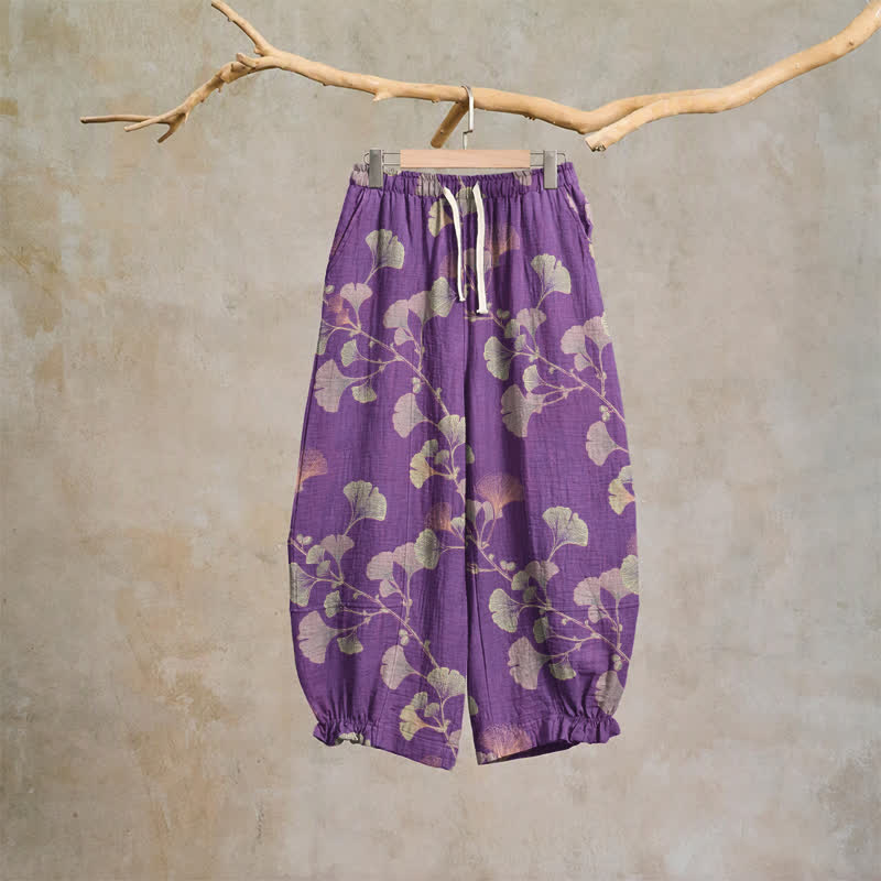 Pantaloni harem in cotone con tasche e ramo di ginkgo - Viola - XL - image 0