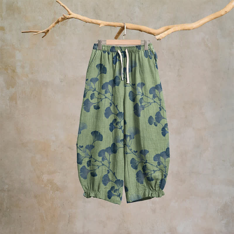 Pantaloni harem in cotone con tasche e ramo di ginkgo - Verde e blu - XL - image 18
