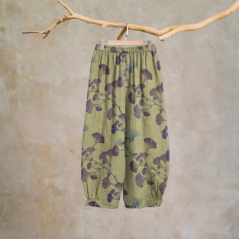 Pantaloni harem in cotone con tasche e ramo di ginkgo - image 13