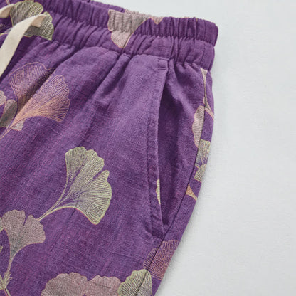 Pantaloni harem in cotone con tasche e ramo di ginkgo - image 3