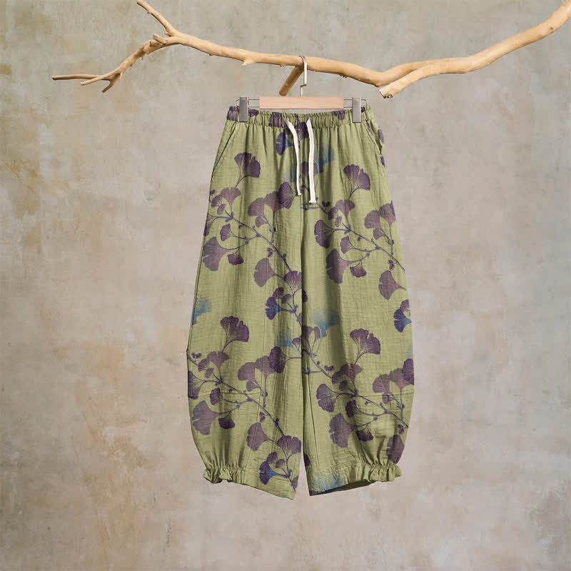 Pantaloni harem in cotone con tasche e ramo di ginkgo - Verde e viola - XL - image 12