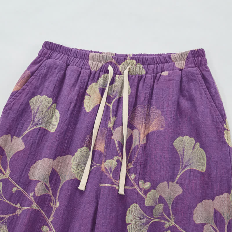 Pantaloni harem in cotone con tasche e ramo di ginkgo - image 2