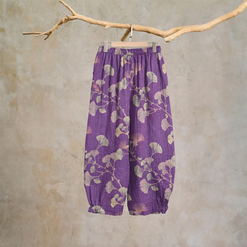 Pantaloni harem in cotone con tasche e ramo di ginkgo - image 1