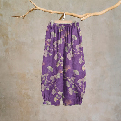 Pantaloni harem in cotone con tasche e ramo di ginkgo - image 1
