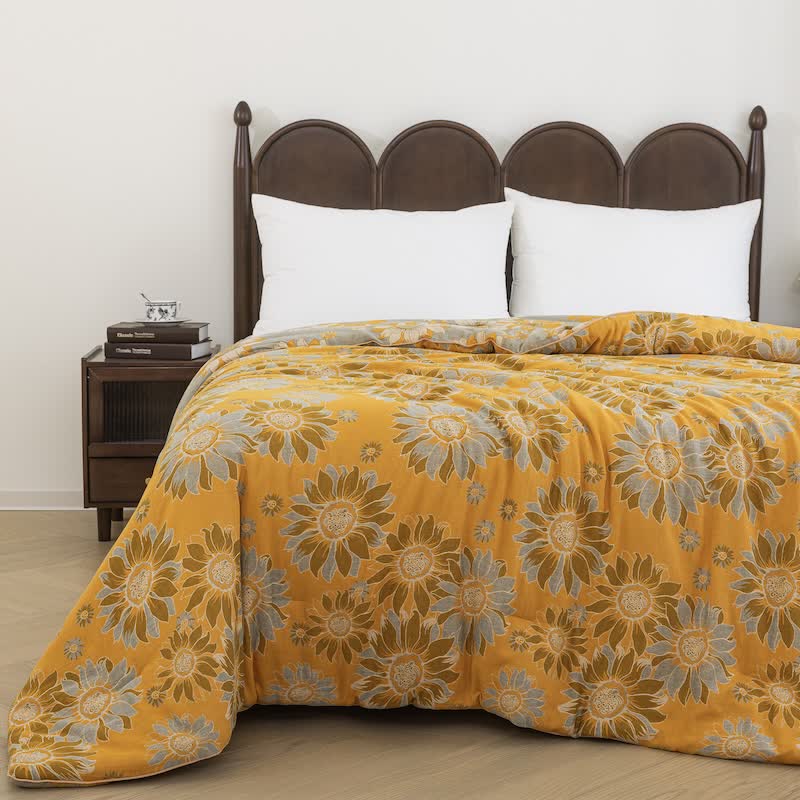 Trapunta vintage in garza di cotone con girasoli arancioni - Arancia - Trapunta estiva - Matrimoniale Grande - image 0