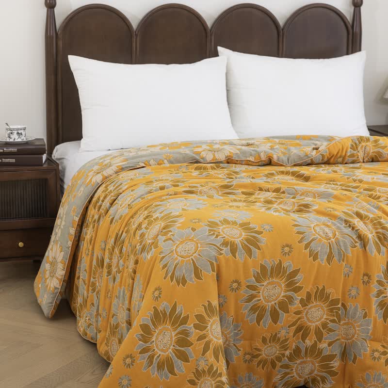 Trapunta vintage in garza di cotone con girasoli arancioni - image 1