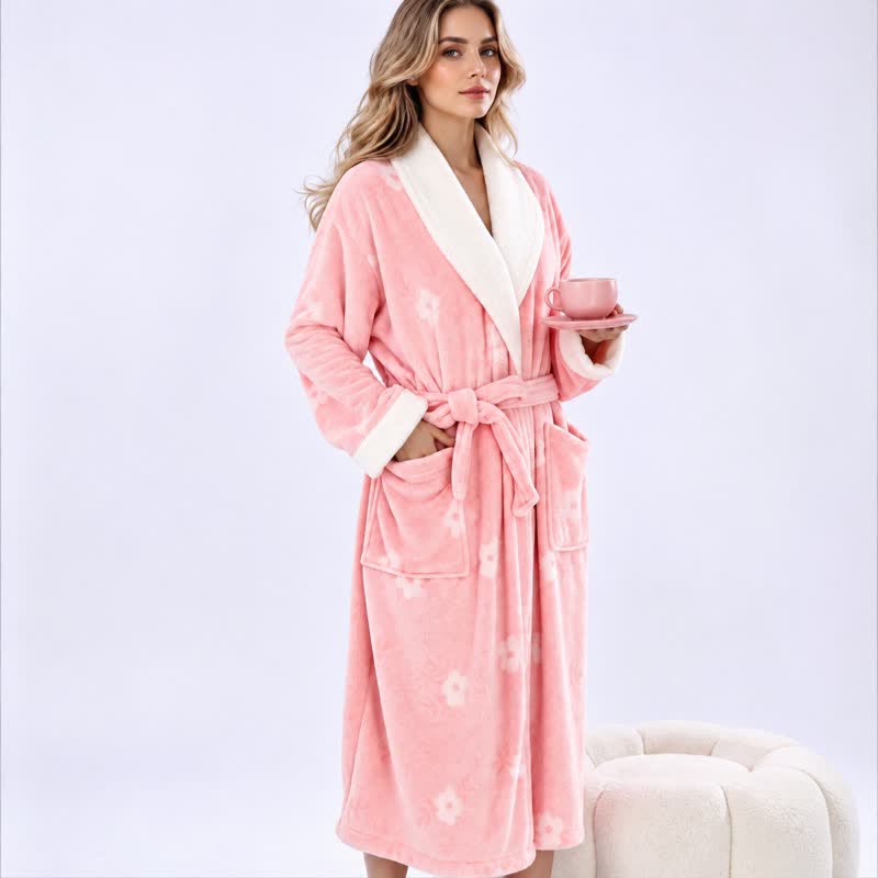Accappatoio in morbido pile di corallo con motivo floreale - Rosa - Taglia unica - image 0