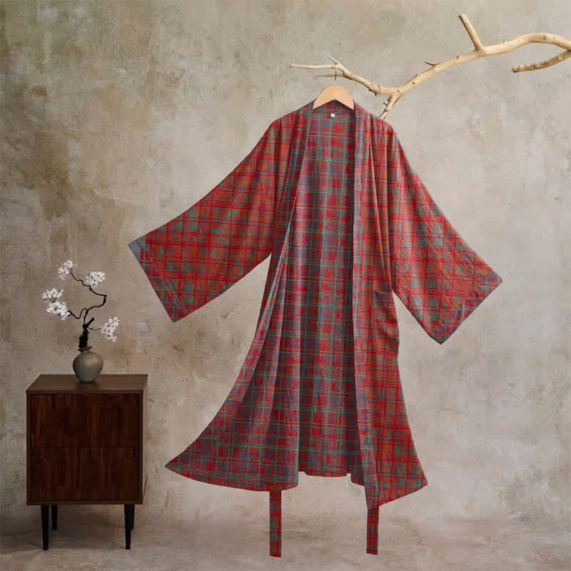 Kimono in garza di cotone a quadri rossi - Rosso - XL - image 0