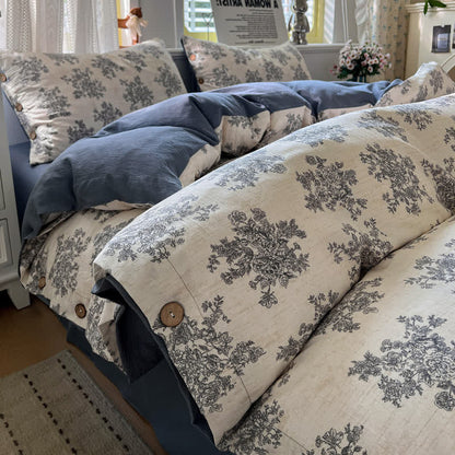 Set di biancheria da letto vintage in lino e cotone con motivi botanici. - Matrimoniale - image 0