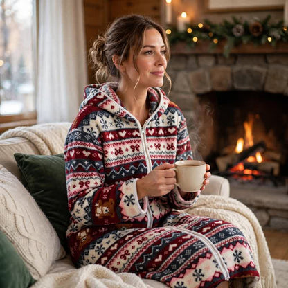 Accappatoio in pile con cappuccio e zip, motivo natalizio fiocchi di neve e orsetto - Taglia unica - image 1