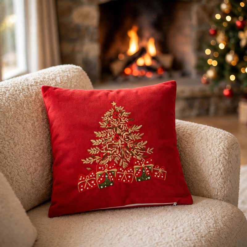 Fodera per cuscino a forma di scatola regalo con albero di Natale - image 1