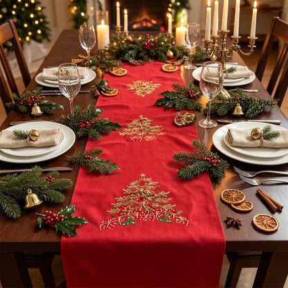 Tovaglia da tavola con albero di Natale ricamato in rosso - image 1