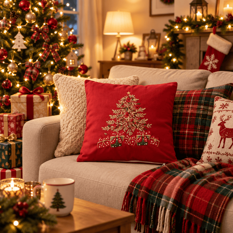 Fodera per cuscino a forma di scatola regalo con albero di Natale - Rosso - 40cm x 40cm - image 0