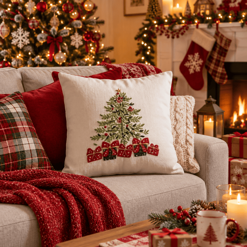 Fodera per cuscino a forma di scatola regalo con albero di Natale - Beige - 40cm x 40cm - image 4