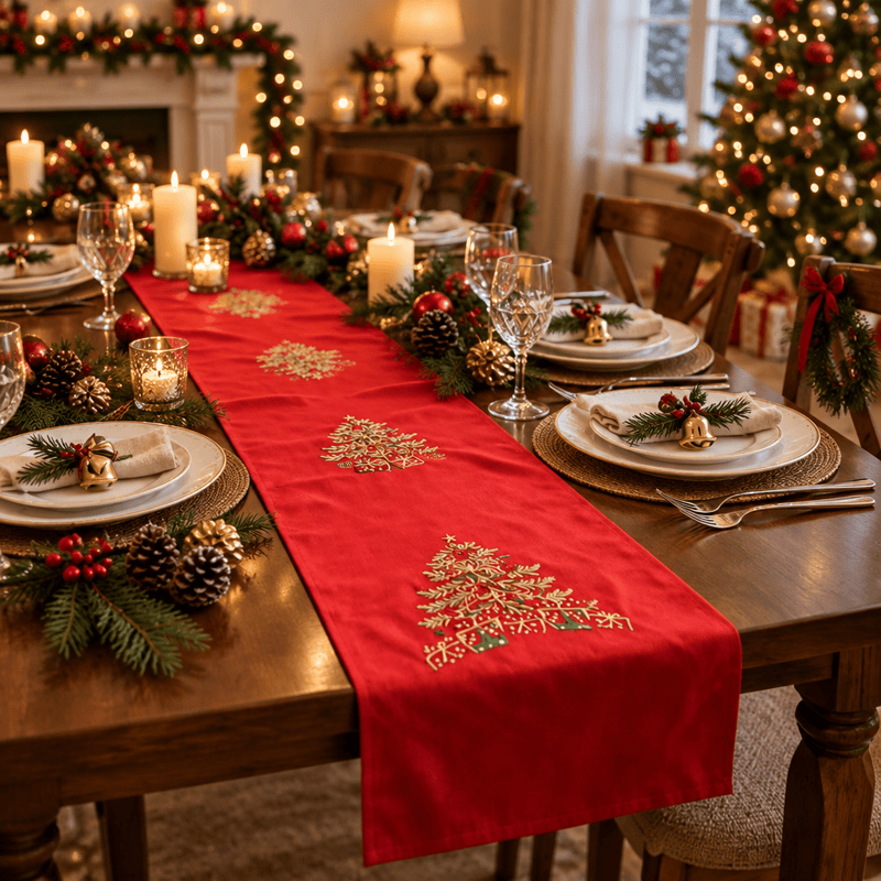 Tovaglia da tavola con albero di Natale ricamato in rosso - Rosso - 40cm x 180cm - image 0