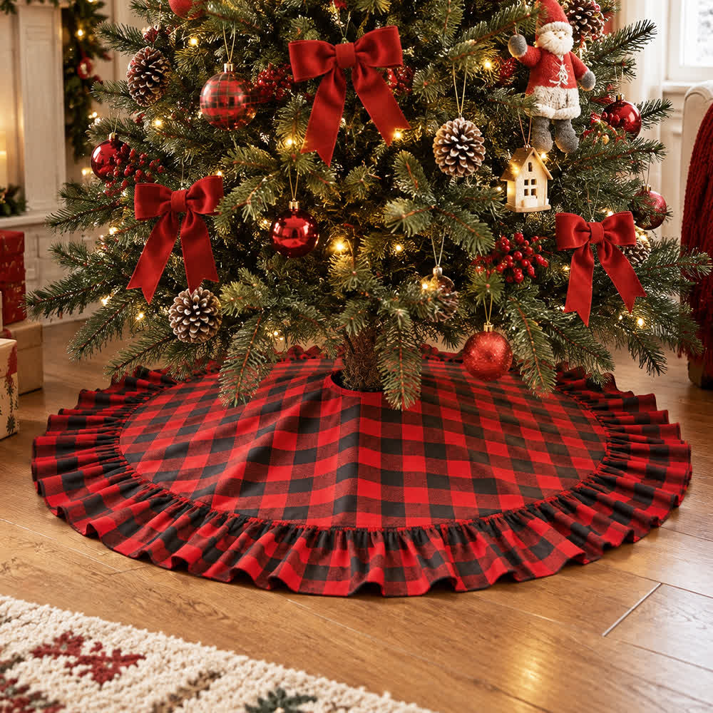 Gonna per albero di Natale a quadri con bordo arricciato - 4 pezzi - 120cm - image 0