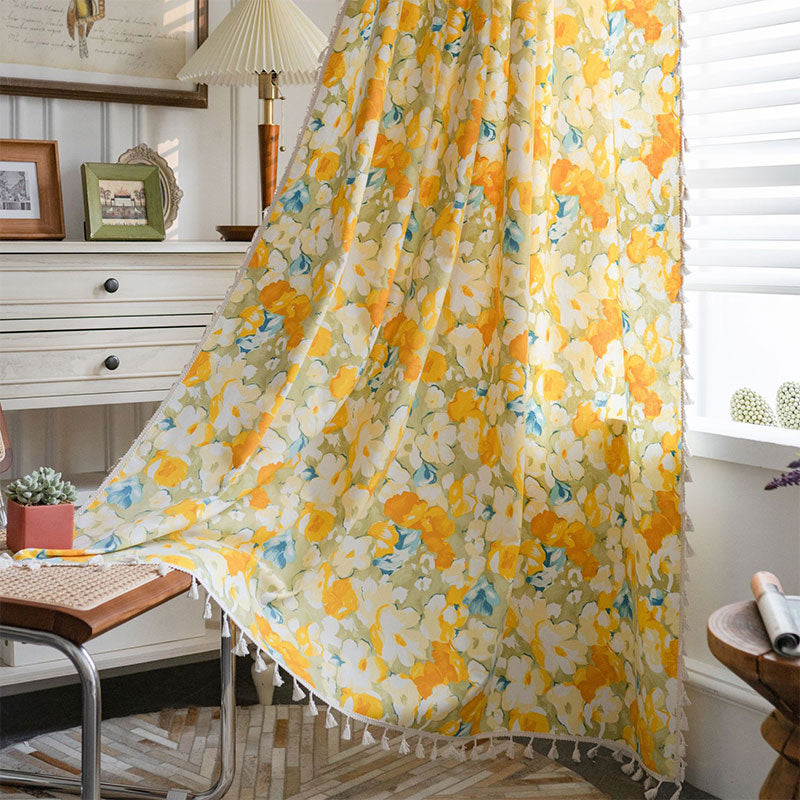 Tenda in cotone e lino con fiori gialli