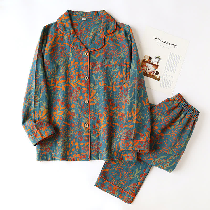 Completo da casa con risvolto in cotone con foglie vintage