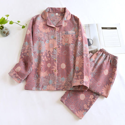 Completo da casa in garza di cotone jacquard girasole