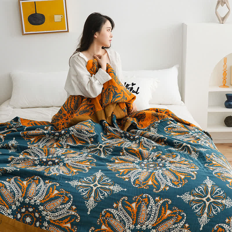 Coperta reversibile trapuntata in garza di cotone a fiori