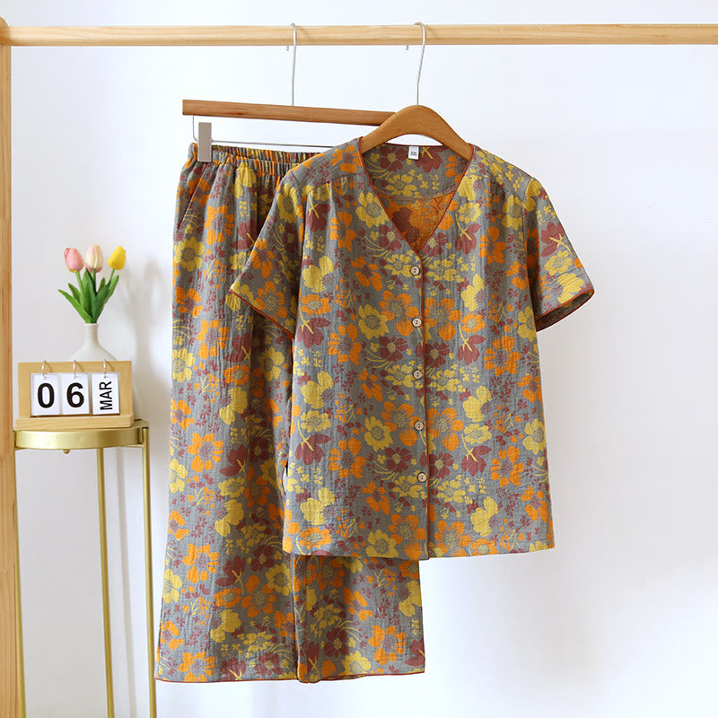 Abbigliamento da casa in cotone con scollo a V e motivo jacquard a fiori vistosi