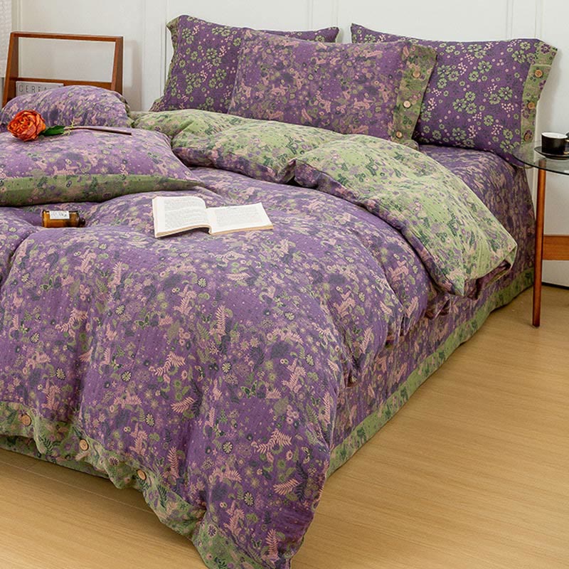 Set di biancheria da letto in cotone viola con motivo floreale Boho (4 pezzi)
