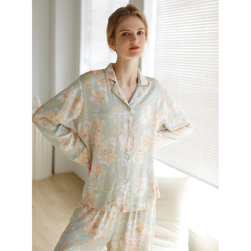 Ownkoti Vintage Floral Manica Lunga Scollo a V Loungewear