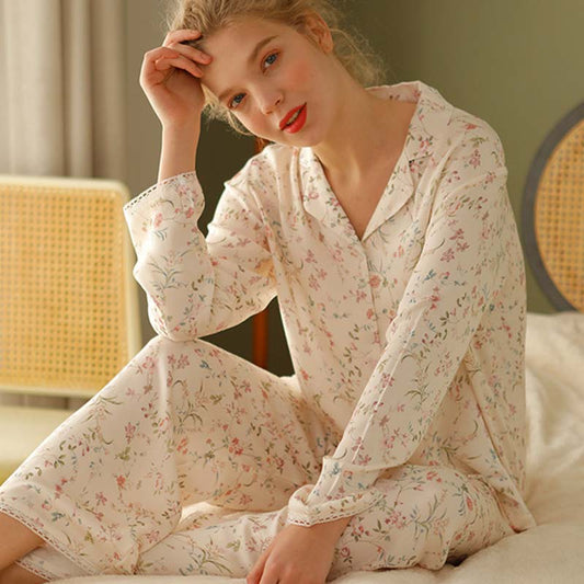 Ownkoti - Camicia da notte a maniche lunghe con scollo a V in raso floreale