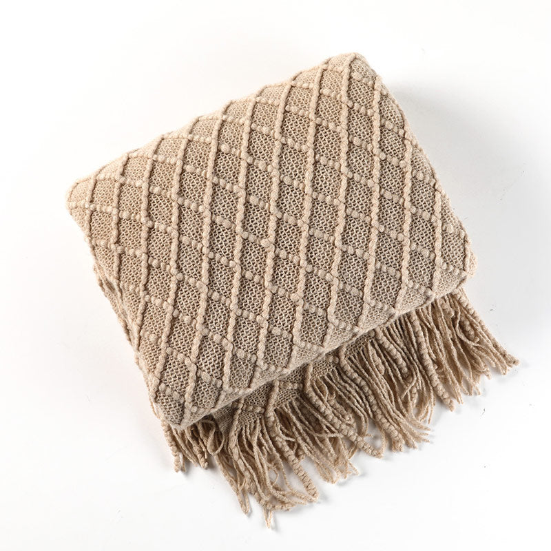 Coperta con motivo prismatico lavorato a maglia Ownkoti con nappe