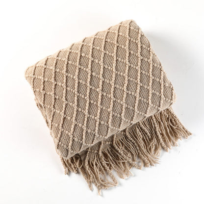 Coperta con motivo prismatico lavorato a maglia Ownkoti con nappe