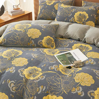 Set di biancheria da letto in cotone con stampa a foglie gialle (4 pezzi)