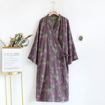 Accappatoio in puro cotone con motivo a fiori di prugna jacquard