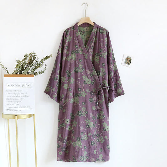 Accappatoio in puro cotone con motivo a fiori di prugna jacquard