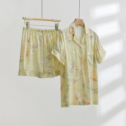 Camicia da notte corta traspirante con scollo a V e fiore di giglio