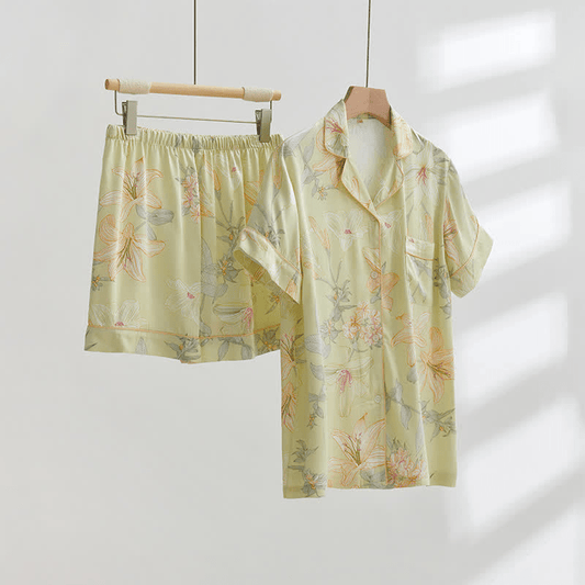 Camicia da notte corta traspirante con scollo a V e fiore di giglio