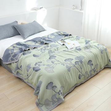 Trapunta reversibile in garza di cotone con motivo a foglie di ginkgo - Verde - Matrimoniale Grande - image 0
