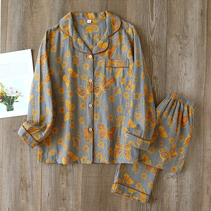 Completo da casa in cotone con stampa a farfalle vintage - Grigio - XL - image 7