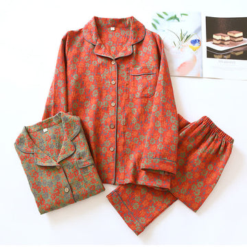 Pigiama in garza di cotone con fiori jacquard