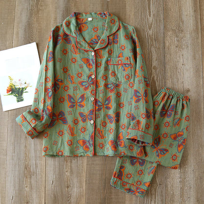 Completo da casa in cotone con stampa a farfalle vintage - Verde - XL - image 1