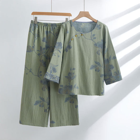 Completo da casa in cotone con scollo rotondo e stampa floreale
