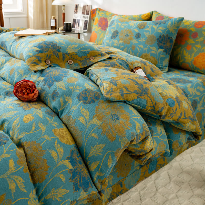 Set di biancheria da letto in cotone con fiori e foglie retrò (4 pezzi)