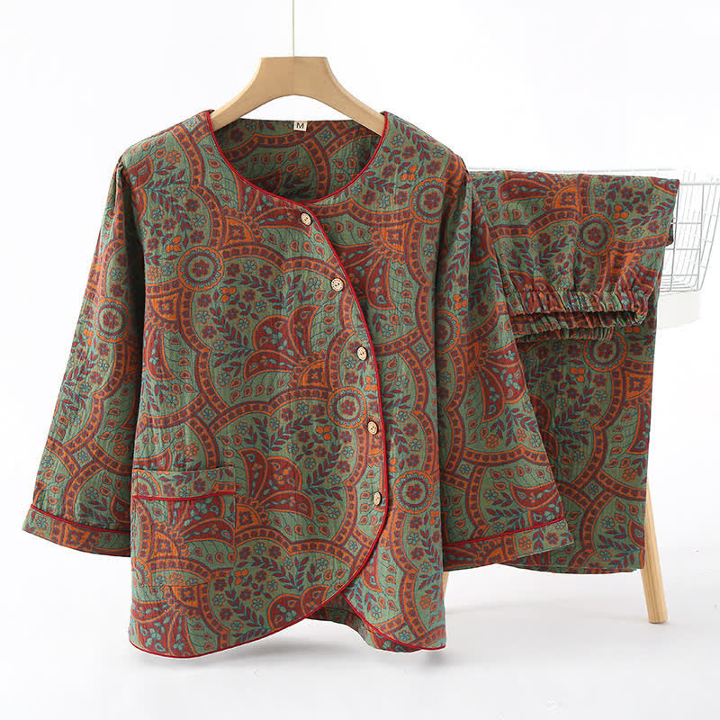 Completo da casa vintage in jacquard con scollo rotondo - Verde e arancione - XL - image 1