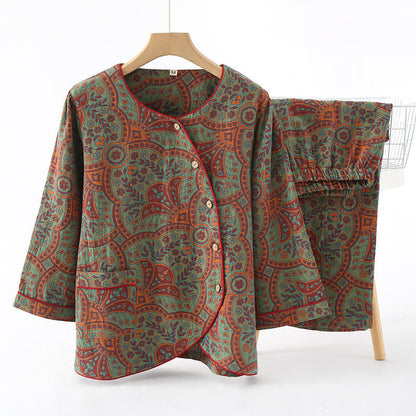 Completo da casa vintage in jacquard con scollo rotondo - Verde e arancione - XL - image 1