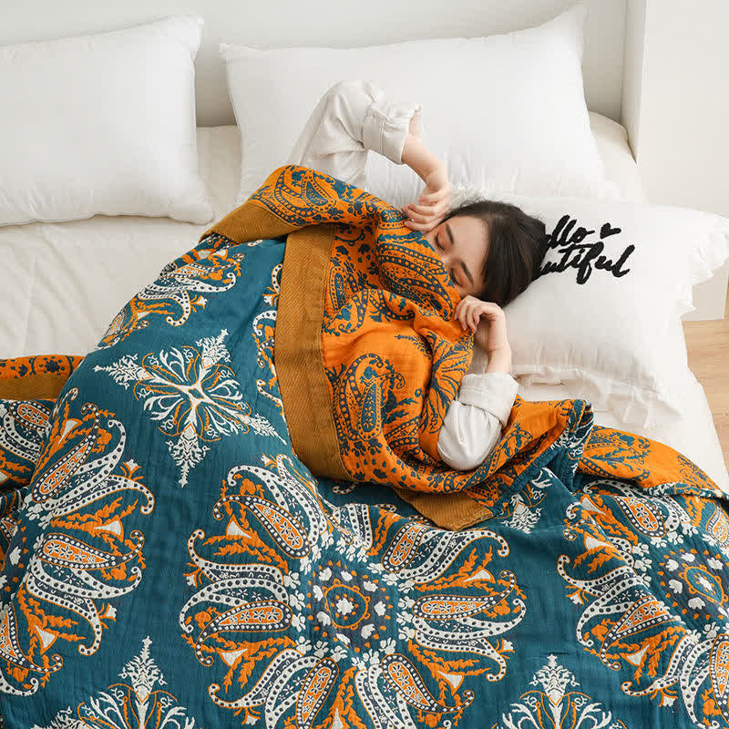 Coperta reversibile trapuntata in garza di cotone a fiori