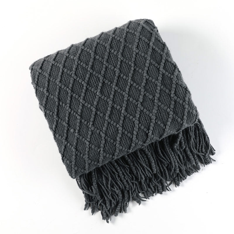 Coperta con motivo prismatico lavorato a maglia Ownkoti con nappe