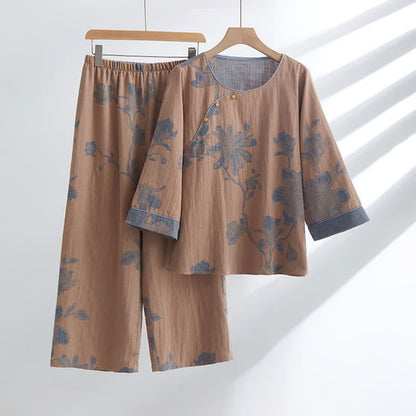 Completo da casa in cotone con scollo rotondo e stampa floreale