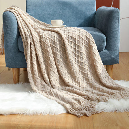 Coperta con motivo prismatico lavorato a maglia Ownkoti con nappe