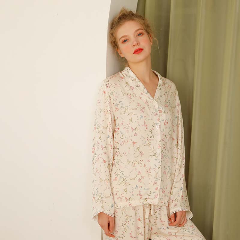 Ownkoti - Camicia da notte a maniche lunghe con scollo a V in raso floreale
